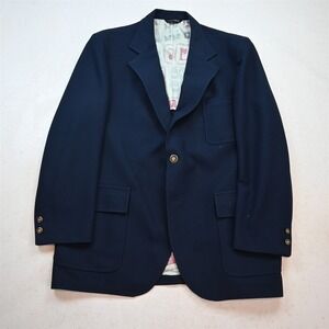 Vtg USA 48R Blue Woven Hopsack Gold Button Mens Blazer Jacket Sport Coat